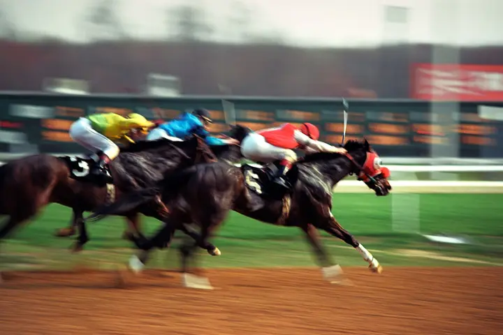 Jockeys driving their horses towards the finish line